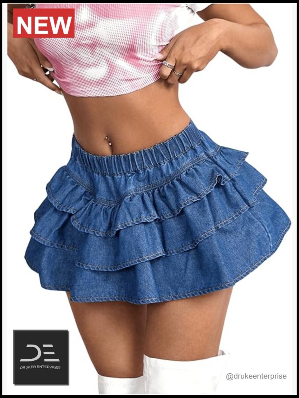 Y2K Solid Ruffle Denim Skirt Low Waist A Line Tiered Mini Skirt - Picture 1 of 6